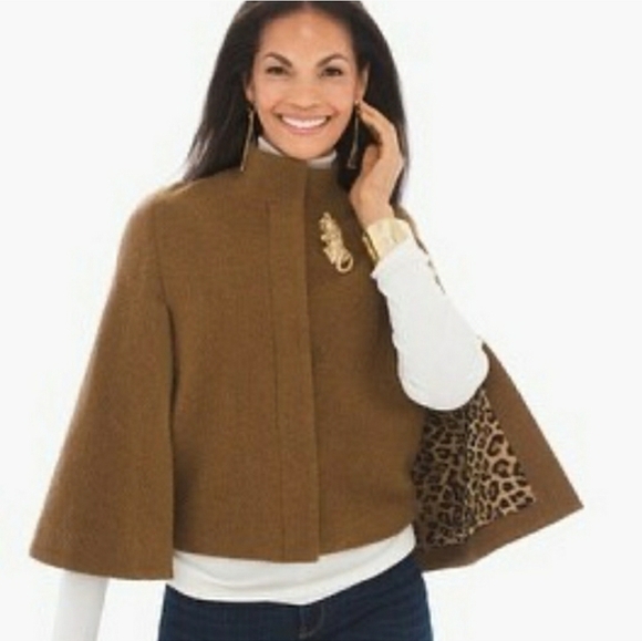 Chico's Inner Beauty Cape 100% Wool Size 1 Leopard Lining Hidden Button Front - Picture 3 of 14